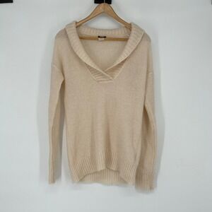 J. Crew Beige Fuzzy‎ Knit Shawl Collar V Neck Pullover Sweater XS Mohair Blend